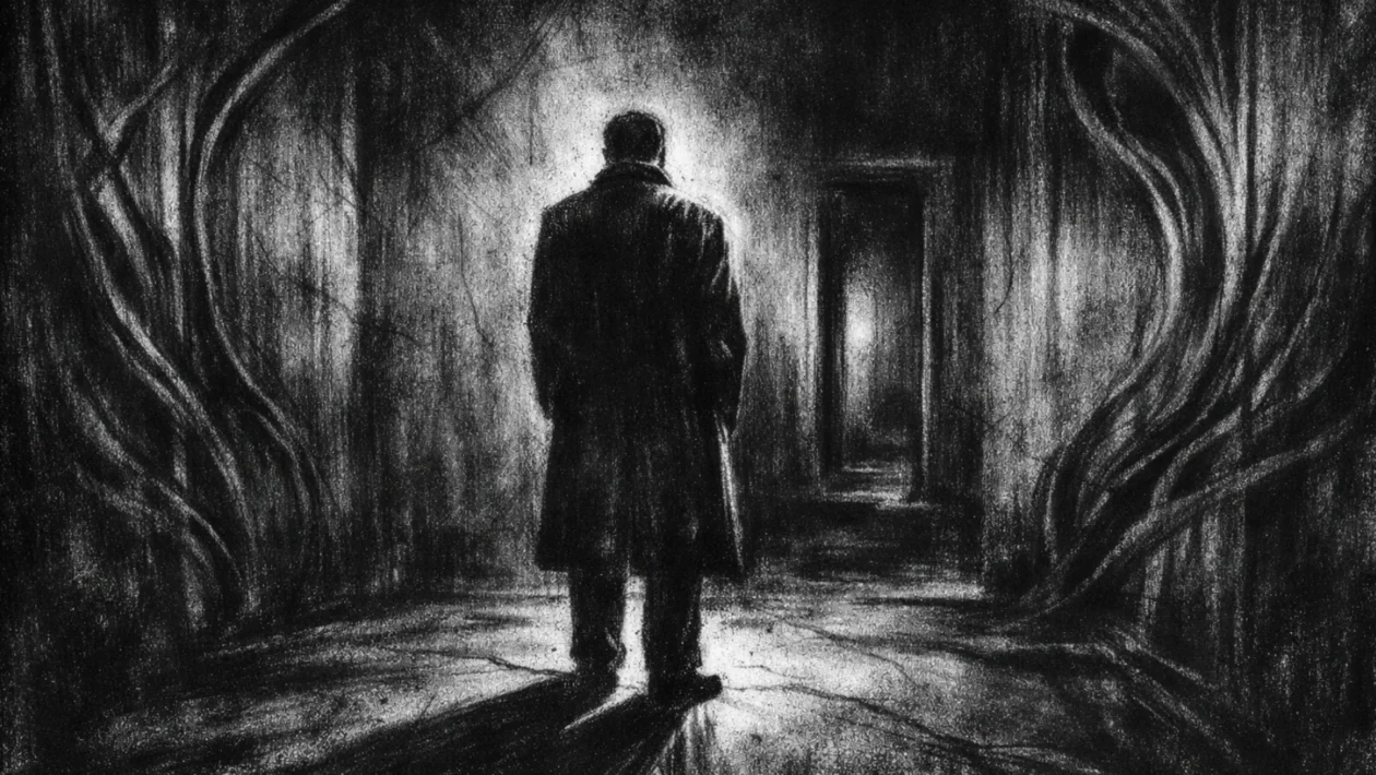 Usamljena figura u tamnom interijeru, snažne sjene i tišina, charcoal film noir stil, crno-bijela atmosfera gubitka i introspekcije