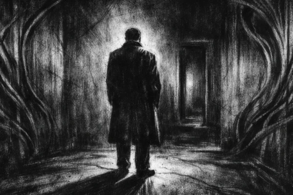Usamljena figura u tamnom interijeru, snažne sjene i tišina, charcoal film noir stil, crno-bijela atmosfera gubitka i introspekcije