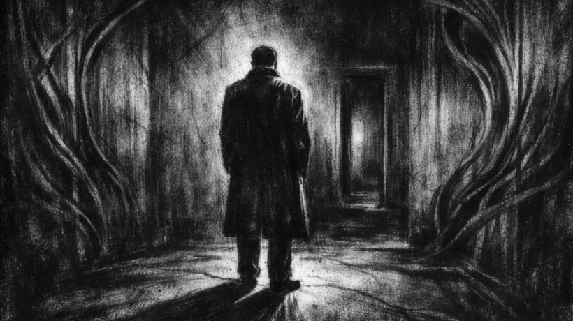 Usamljena figura u tamnom interijeru, snažne sjene i tišina, charcoal film noir stil, crno-bijela atmosfera gubitka i introspekcije