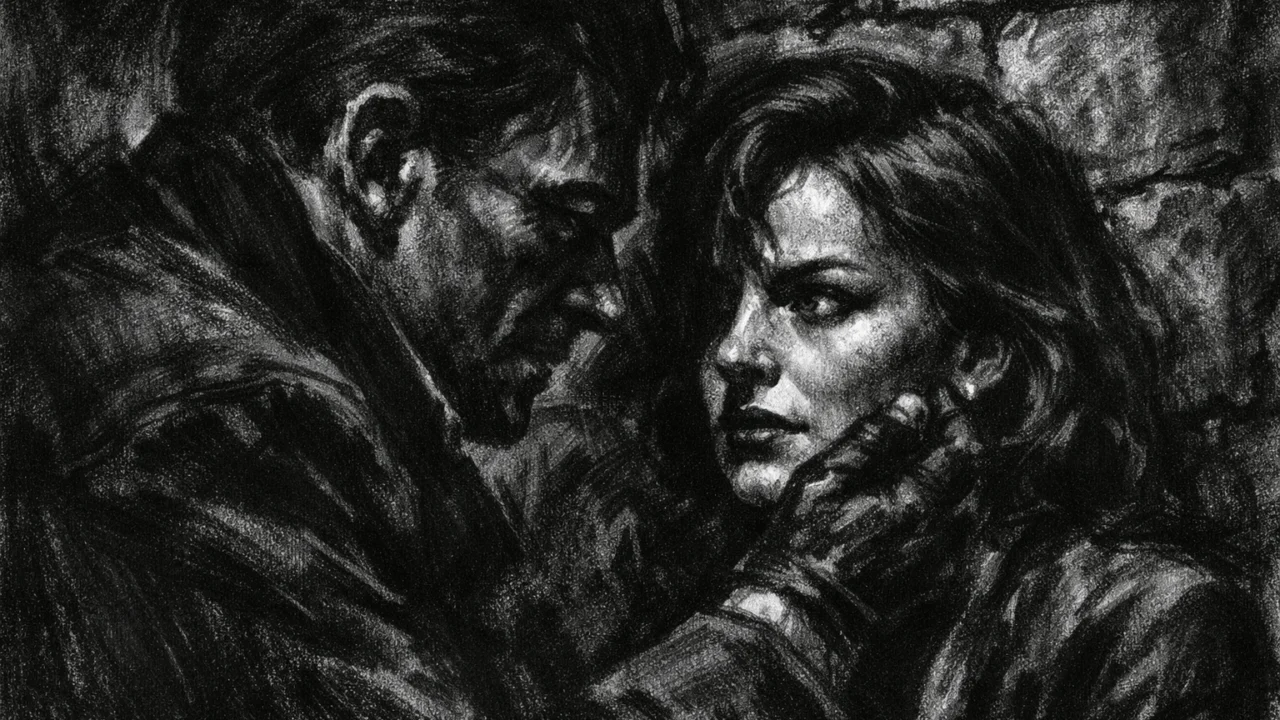Dramatična scena razgovora u charcoal film noir stilu, dvije osobe u sjeni kamenog interijera, crno-bijeli kontrast naglašava emocionalnu napetost.
