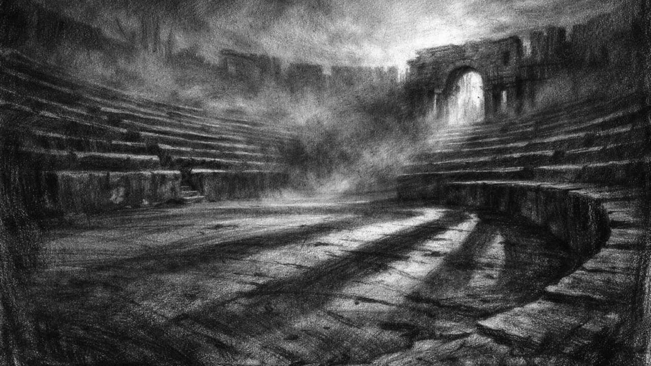 Atmosferski ambijent u charcoal film noir stilu: prazan antički prostor u magli, crno-bijele sjene stvaraju osjećaj melankolije i sudbine.