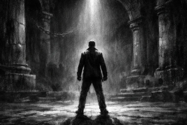 Hero prizor u charcoal film noir stilu: usamljena figura u antičkom kamenitom prostoru, snažne sjene i dramatično svjetlo, crno-bijela atmosfera puna napetosti i emocije.
