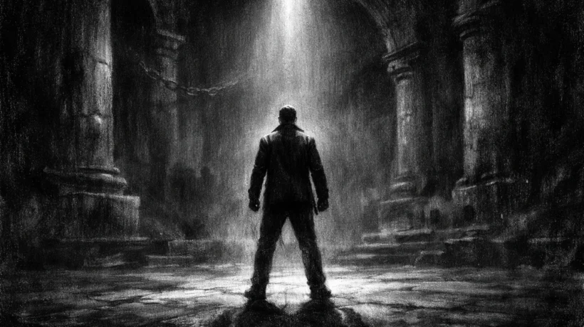 Hero prizor u charcoal film noir stilu: usamljena figura u antičkom kamenitom prostoru, snažne sjene i dramatično svjetlo, crno-bijela atmosfera puna napetosti i emocije.