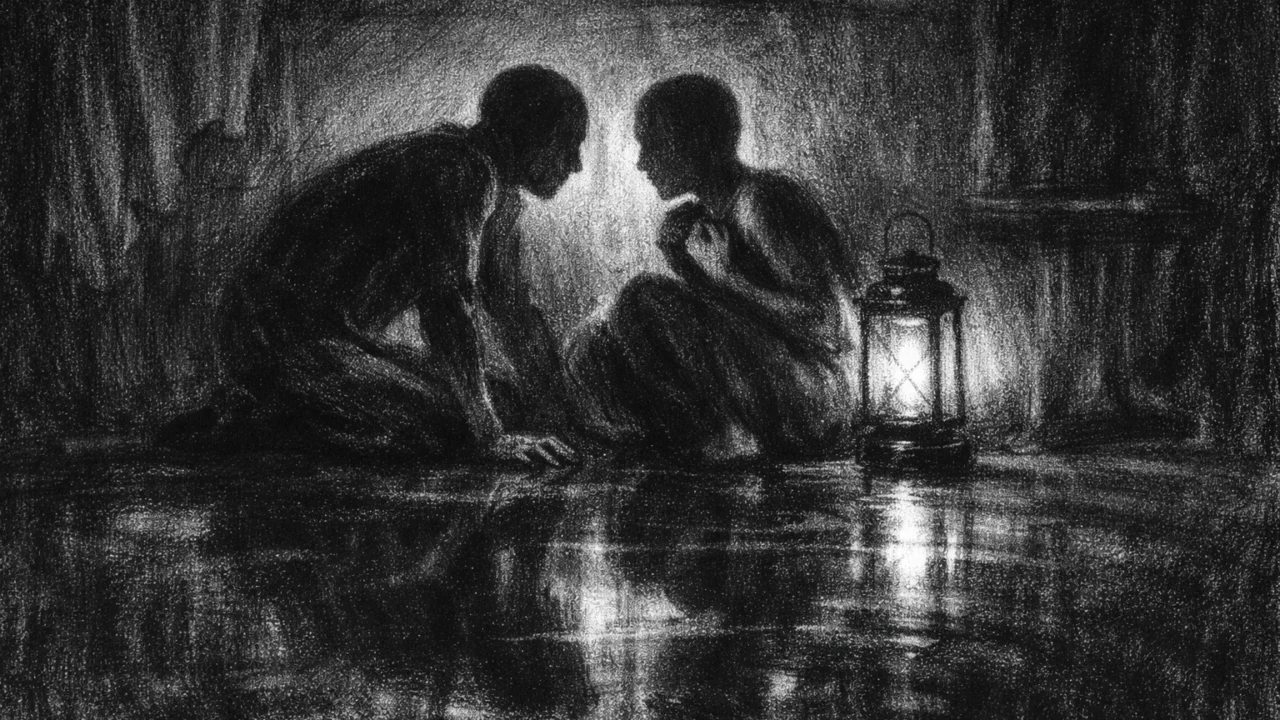Tiha emotivna scena dvoje likova u mračnom interijeru, naglašene emocije i kontrast svjetla, charcoal film noir stil
