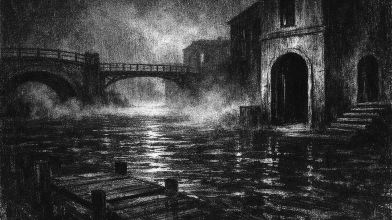 Mistični okoliš uz vodu bez ljudi, mostovi i magla stvaraju osjećaj prolaza i tišine, charcoal film noir stil