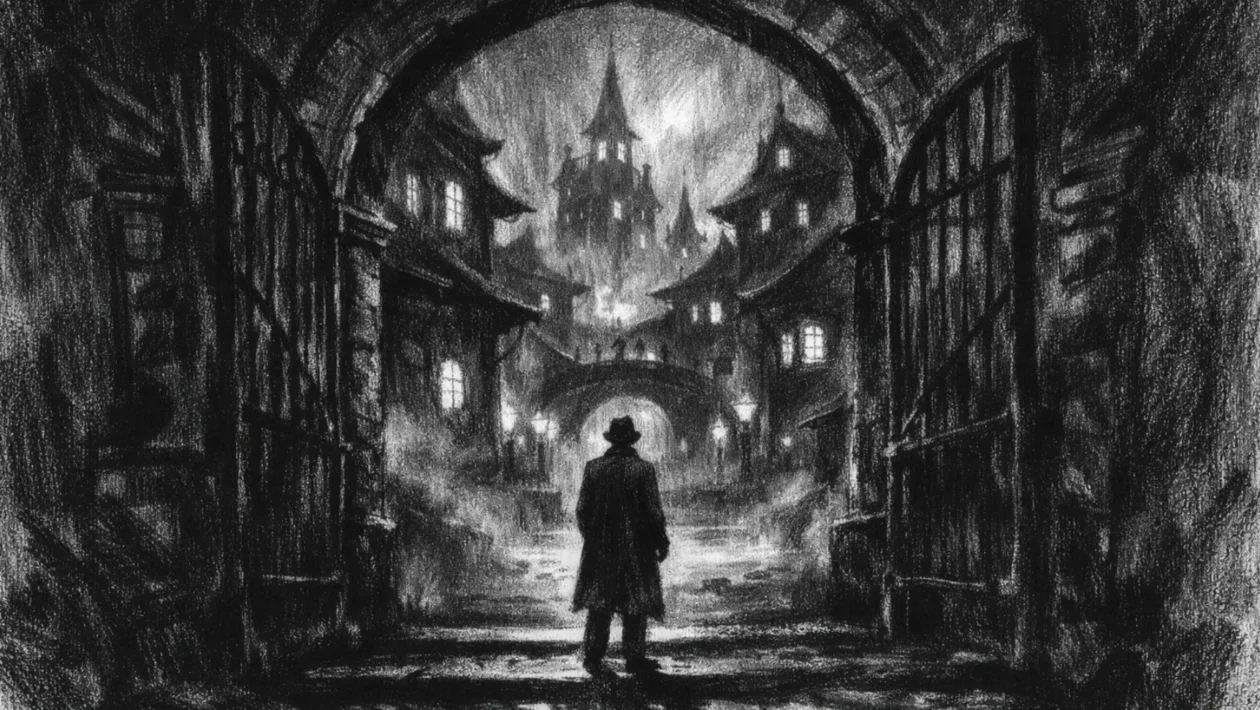 Filmski poster s usamljenom figurom pred tajanstvenim gradom, snažne sjene i maglovita atmosfera, charcoal film noir stil