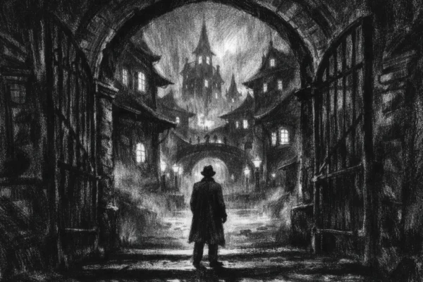 Filmski poster s usamljenom figurom pred tajanstvenim gradom, snažne sjene i maglovita atmosfera, charcoal film noir stil