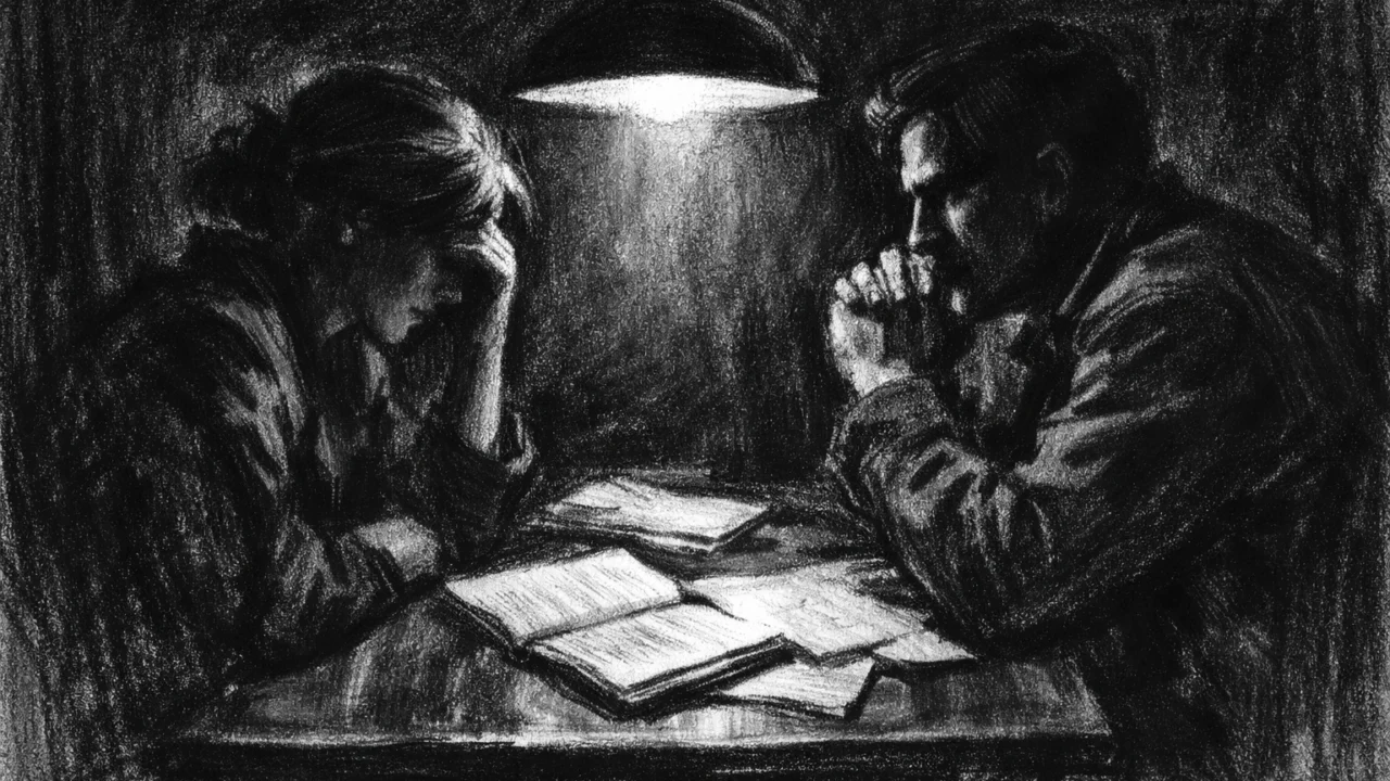 Intimna scena razgovora u charcoal film noir stilu, dvije osobe u sjeni, crno-bijela slika s naglašenim kontrastom i tišinom.