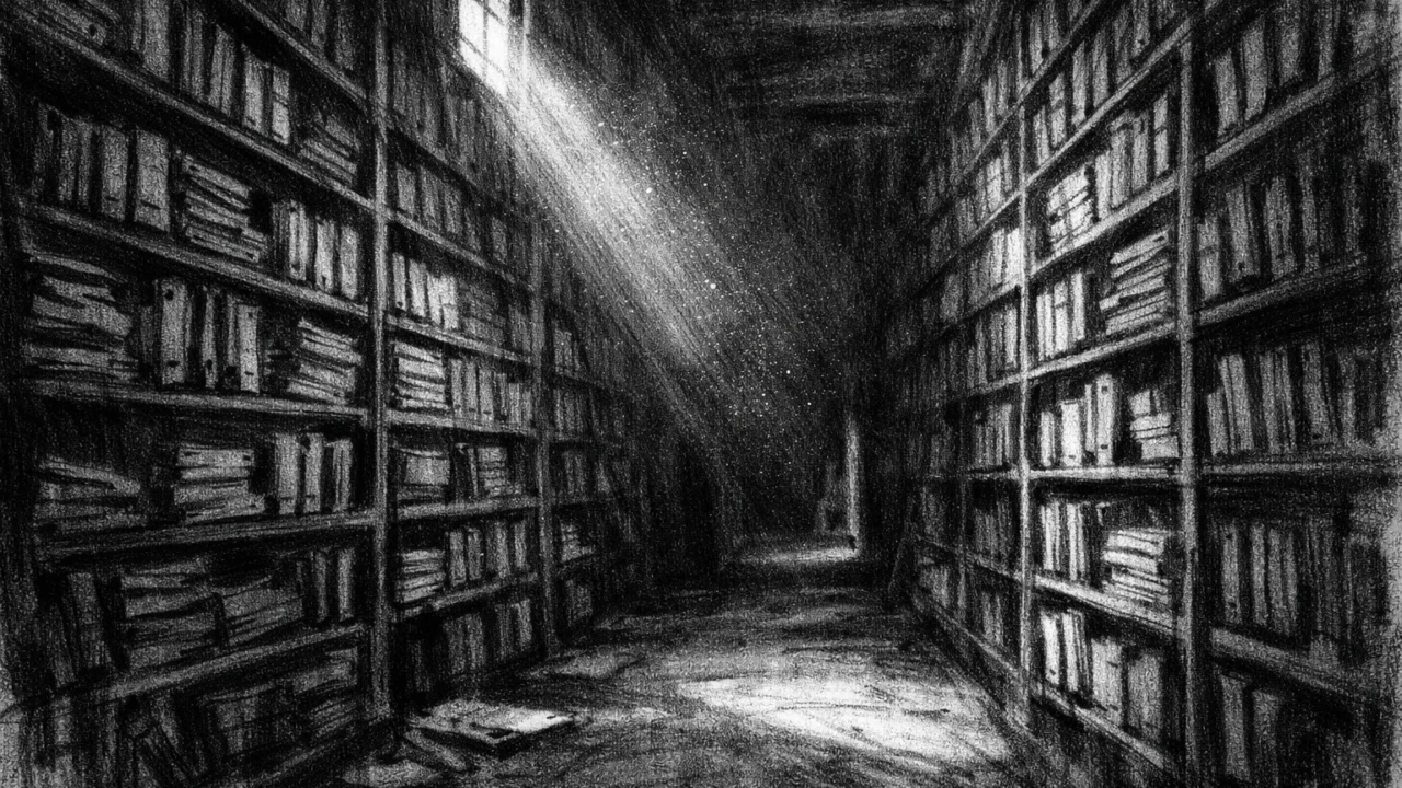 Simboličan prostor arhiva u charcoal film noir stilu, prazne police i duboke sjene u crno-bijeloj atmosferi.