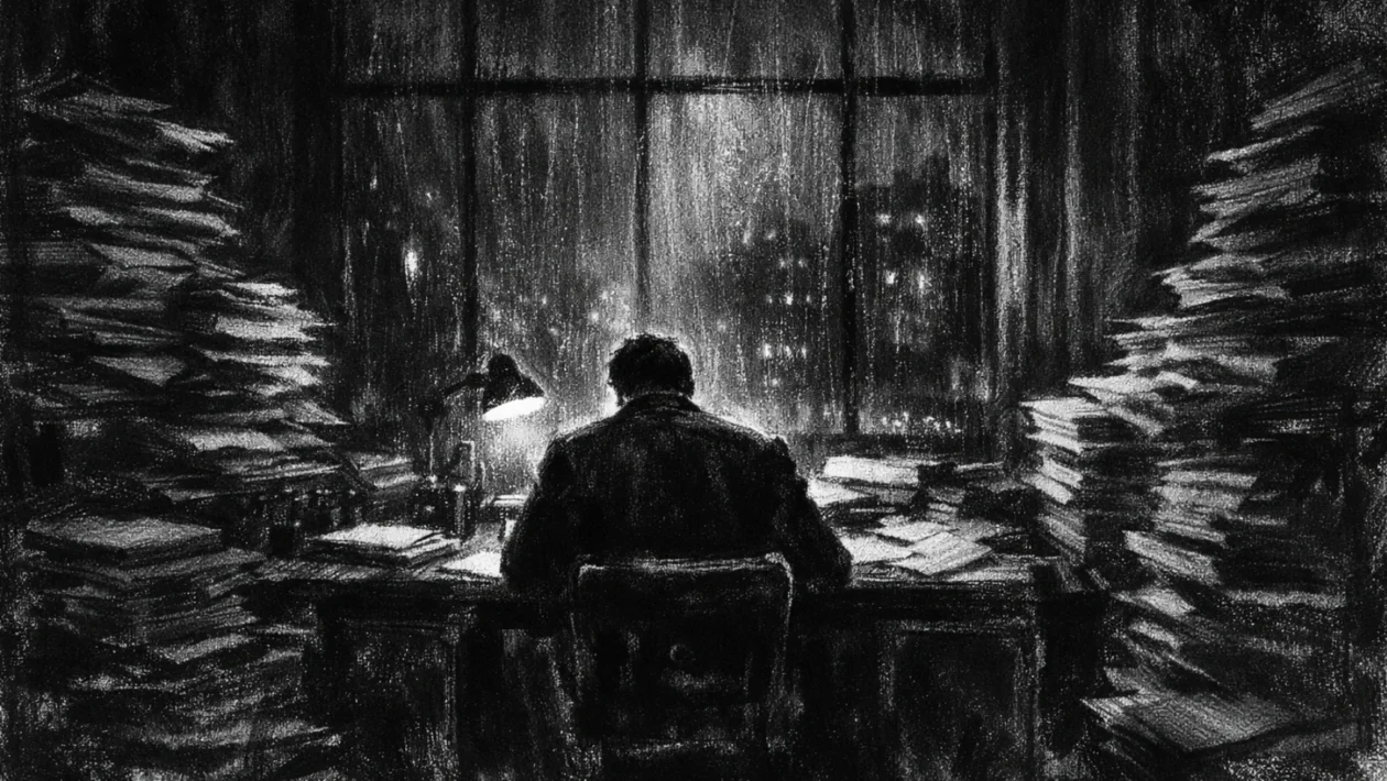 Filmski poster u charcoal film noir stilu: usamljena figura u tihoj redakciji, crno-bijelo, duboke sjene i ozbiljna atmosfera.