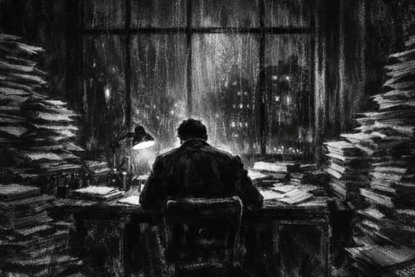 Filmski poster u charcoal film noir stilu: usamljena figura u tihoj redakciji, crno-bijelo, duboke sjene i ozbiljna atmosfera.