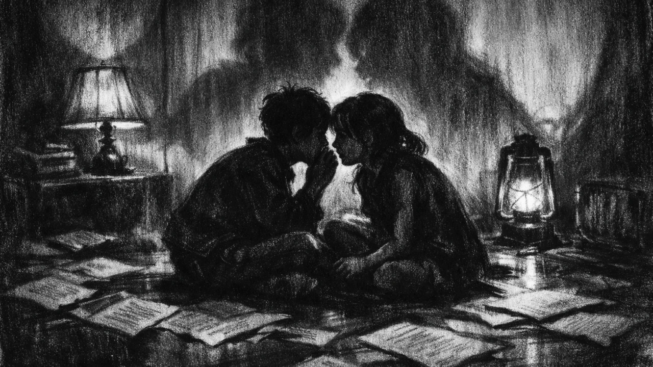 Dvoje mladih u mračnoj sobi u tihoj napetosti, izraženo kroz sjene i svjetlo u charcoal film noir stilu.