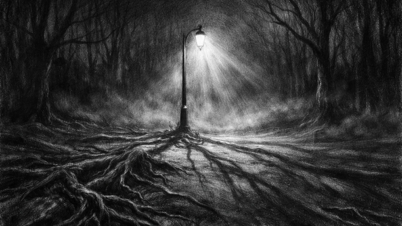 Pusta šumska čistina s maglom i uličnim svjetlom, jeziva i tiha atmosfera u charcoal film noir stilu.