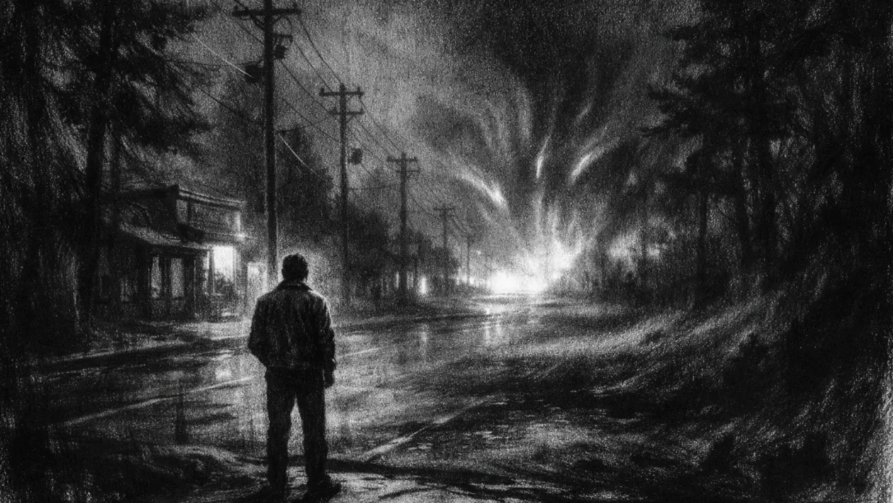 Filmski poster s usamljenom figurom u tihom gradiću noću, snažne sjene i misteriozno svjetlo u charcoal film noir stilu.