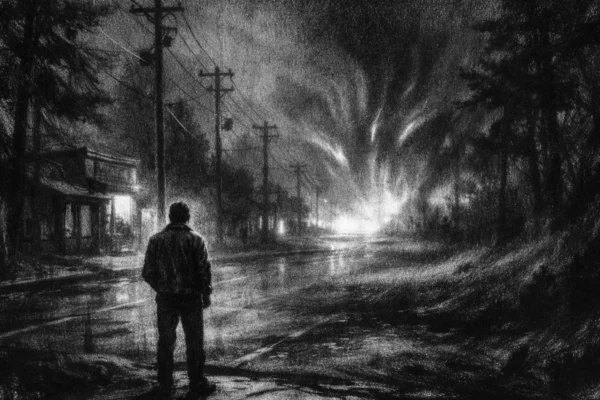 Filmski poster s usamljenom figurom u tihom gradiću noću, snažne sjene i misteriozno svjetlo u charcoal film noir stilu.