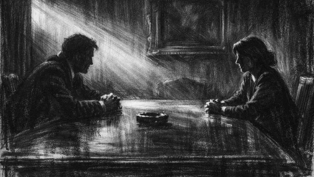Intimna unutarnja scena u charcoal film noir stilu, dvije osobe u razgovoru za dugim stolom, snažne sjene i kontrast, osjećaj napetosti, distance i emocionalne hladnoće.