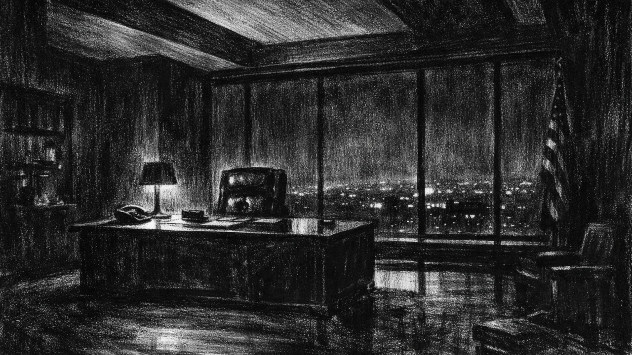 Atmosferski ambijent u charcoal film noir stilu, prazan ured noću s pogledom na grad, crno-bijeli kontrast, duboke sjene i turobna atmosfera koja simbolizira ambiciju i prazninu.
