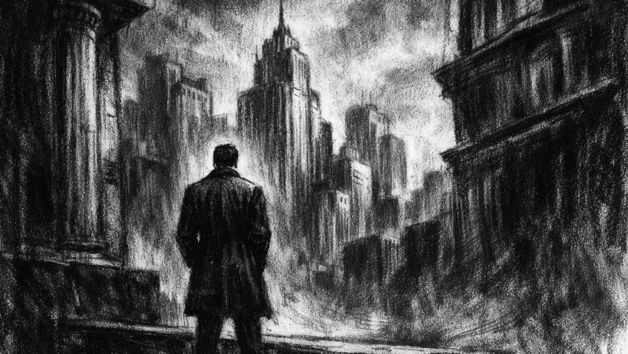 Kinematografski plakat u charcoal film noir stilu, crno-bijela scena s dubokim sjenama, usamljena figura ispred korporativnog horizonta, snažan kontrast i mračna atmosfera moći i izolacije.