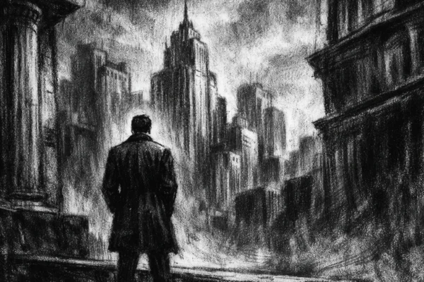 Kinematografski plakat u charcoal film noir stilu, crno-bijela scena s dubokim sjenama, usamljena figura ispred korporativnog horizonta, snažan kontrast i mračna atmosfera moći i izolacije.