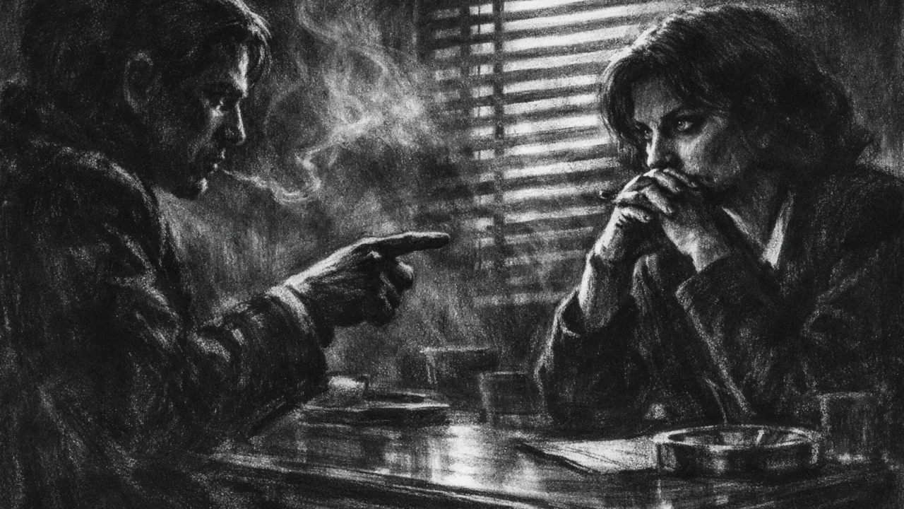 Dvoje ljudi u ozbiljnom razgovoru u tamnom uredu, izražena napetost i sjene, dramatično osvjetljenje, charcoal film noir stil u crno-bijeloj paleti.