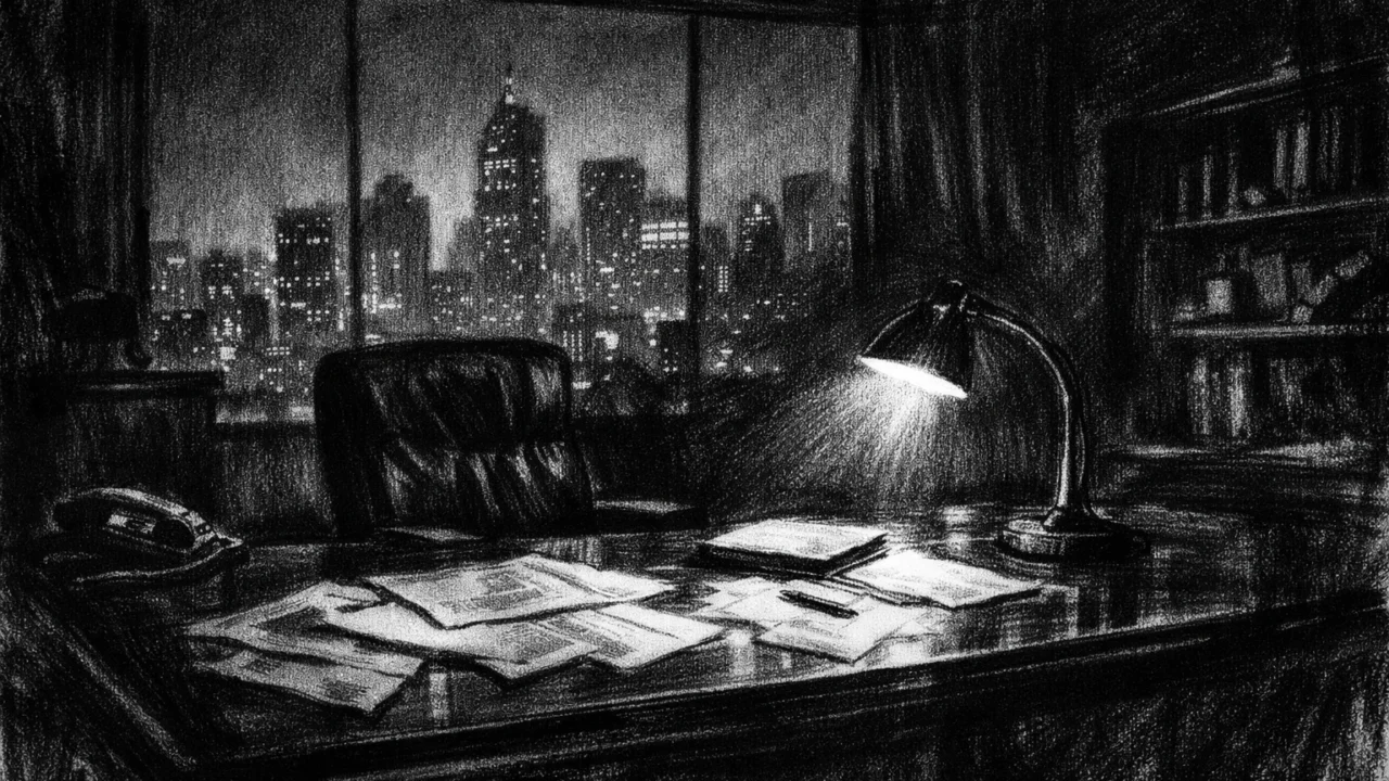 Prazan ured noću s pogledom na grad, jedno svjetlo i duboke sjene koje stvaraju osjećaj izolacije i ambicije, charcoal film noir stil.
