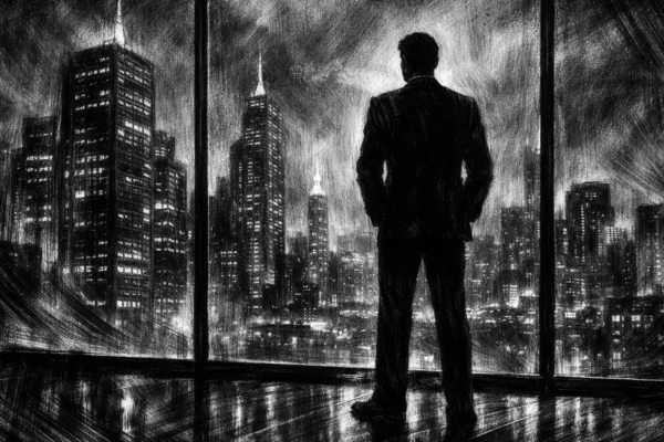 Hero vizual s usamljenom figurom uz veliki prozor, grad u pozadini, snažan kontrast i duboke sjene, charcoal film noir stil, crno-bijela atmosfera ambicije i moći.