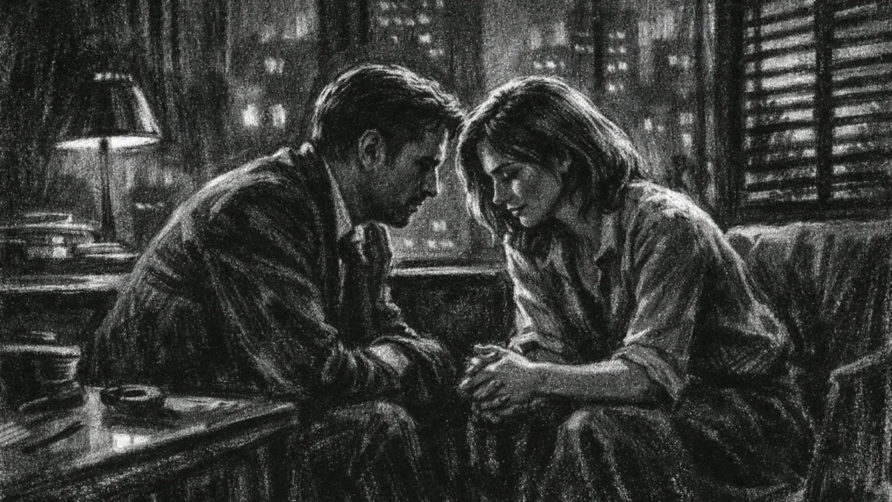 Dvoje ljudi u tihom razgovoru u mračnoj prostoriji s pogledom na grad, naglašene emocije i bliskost, charcoal film noir stil, visoki kontrast i sjene.