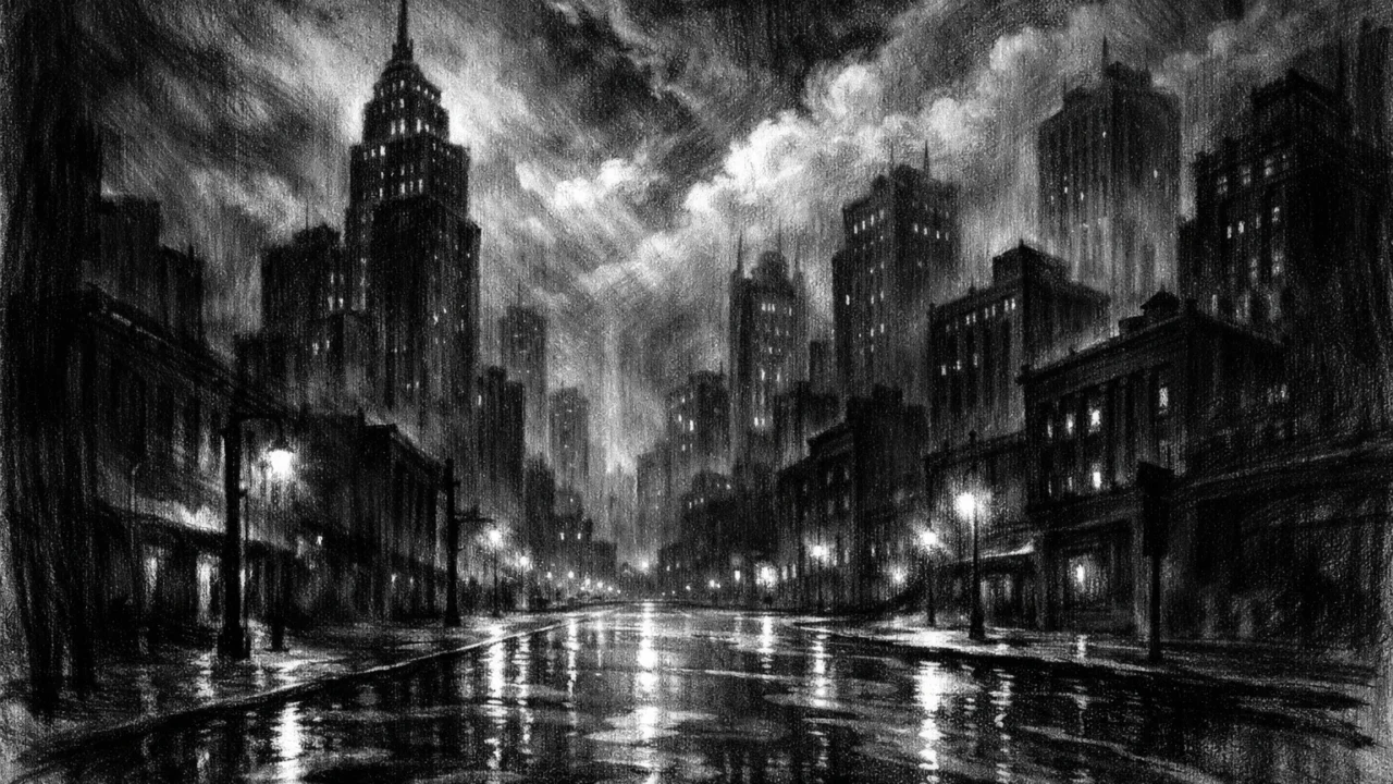 Noćni urbani pejzaž s neboderima i oblacima, osjećaj tihe zaštite i nade, charcoal film noir stil, crno-bijeli kontrasti i duboke sjene.