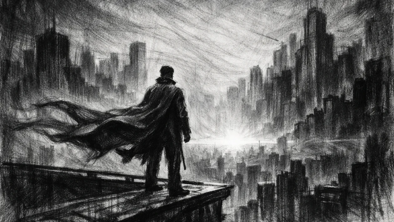Usamljena figura na krovu grada u zoru, snažna atmosfera nade i odlučnosti, charcoal film noir stil, crno-bijelo, duboke sjene i dramatično svjetlo.