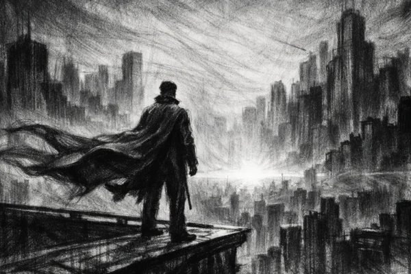 Usamljena figura na krovu grada u zoru, snažna atmosfera nade i odlučnosti, charcoal film noir stil, crno-bijelo, duboke sjene i dramatično svjetlo.