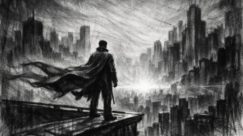 Usamljena figura na krovu grada u zoru, snažna atmosfera nade i odlučnosti, charcoal film noir stil, crno-bijelo, duboke sjene i dramatično svjetlo.
