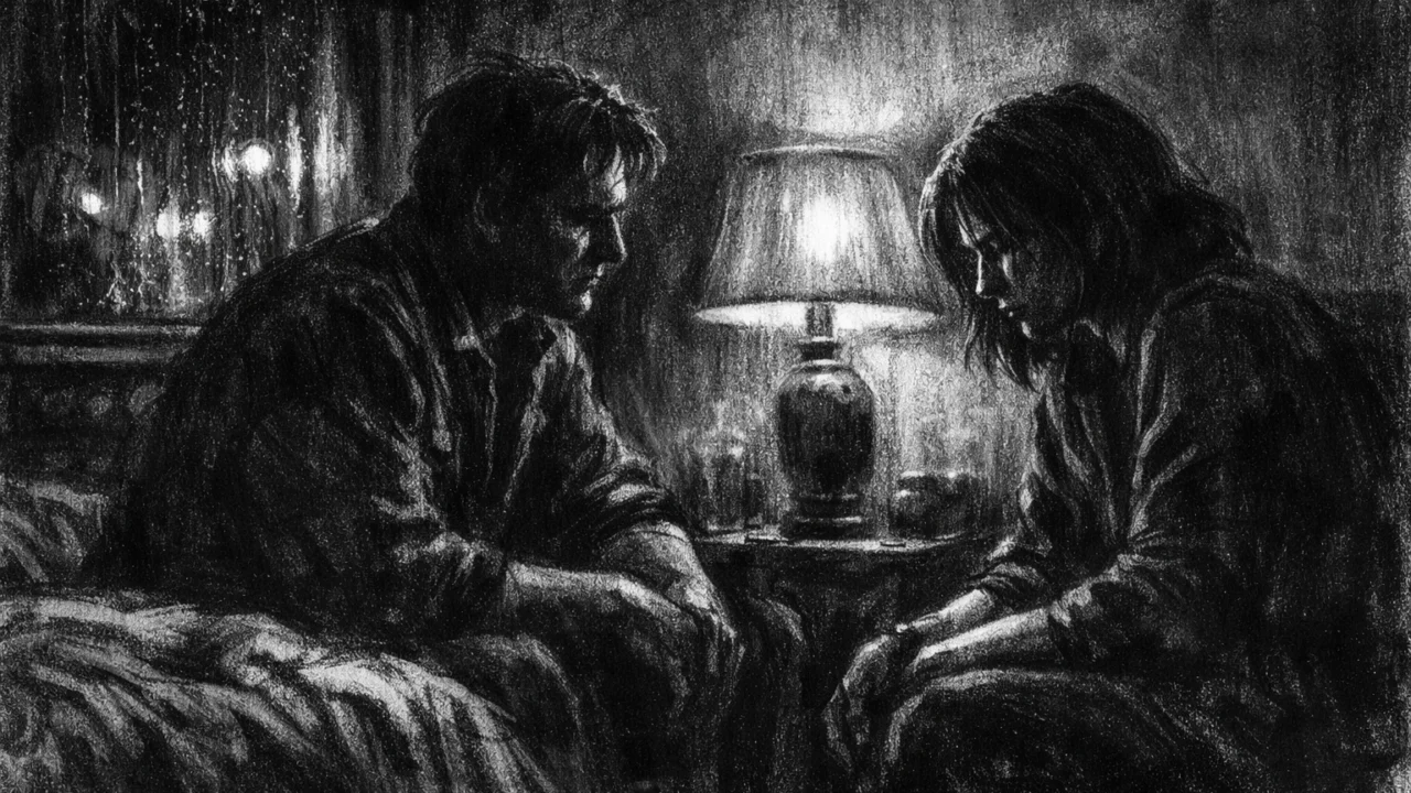Dvoje ljudi u tihom razgovoru u mračnoj sobi, kiša na prozoru, izražena emocija u charcoal film noir stilu.