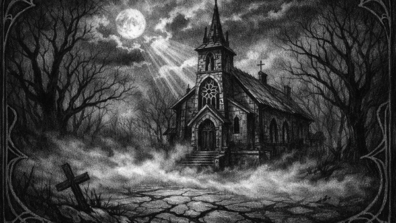Napustena crkva u magli s dramatičnim svjetlom i sjenama, simboličan ambijent u charcoal film noir stilu.