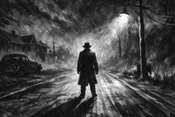 Kinematografski poster s usamljenom figurom na cesti, snažne sjene i noćna atmosfera u charcoal film noir stilu.