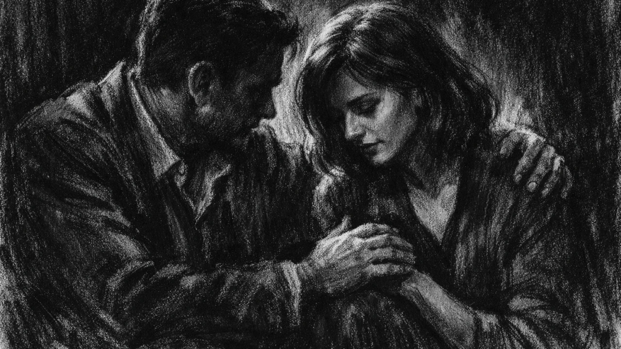 Intimna scena razgovora u charcoal film noir stilu, crno-bijela slika s naglašenim emocijama, dubokim sjenama i osjećajem topline.
