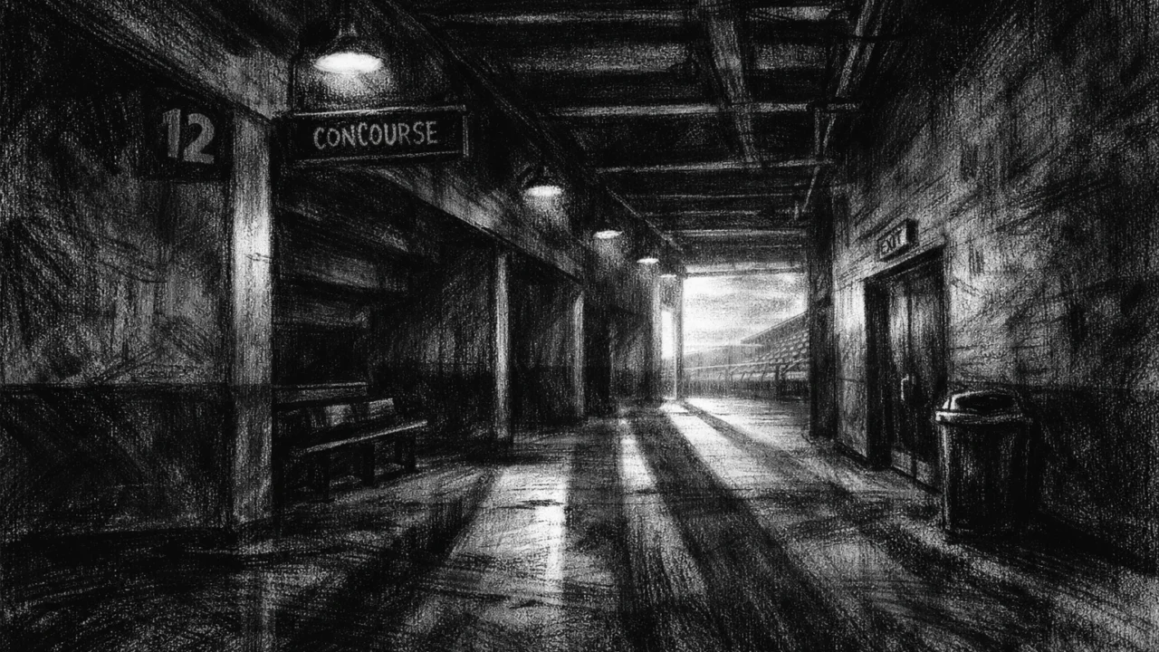 Atmosferski hodnik stadiona u charcoal film noir stilu, crno-bijeli kontrast s dugim sjenama i simbolikom nade i novog početka.