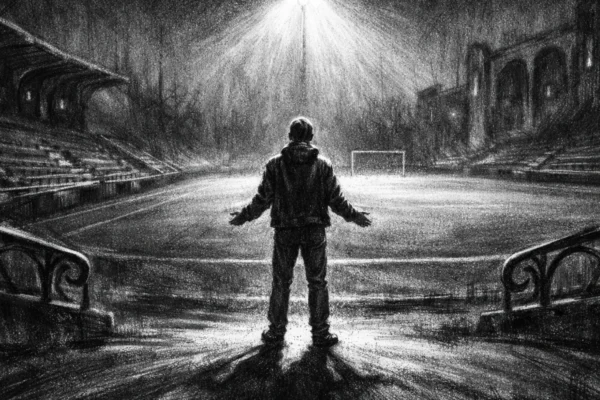 Filmski poster u charcoal film noir stilu, crno-bijeli prizor s usamljenom figurom na sportskom terenu, duboke sjene i topla, optimistična atmosfera.
