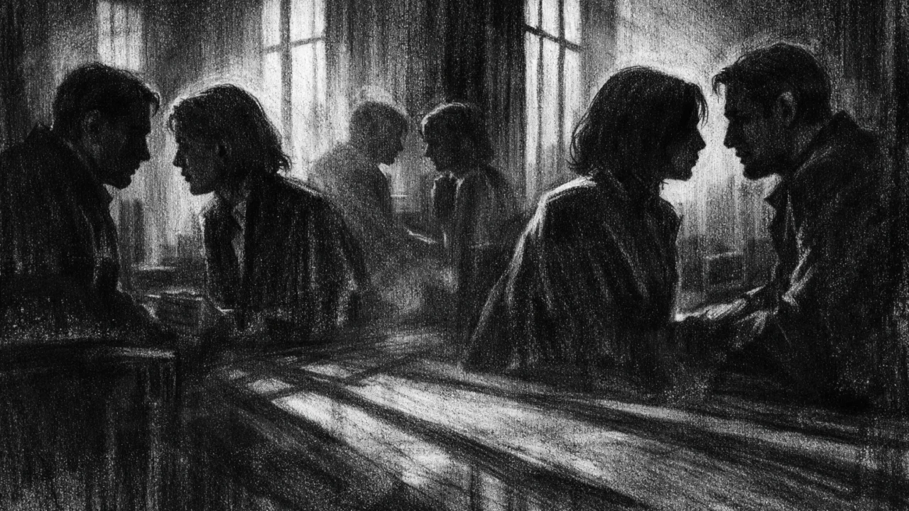 Dvije osobe u tihom razgovoru u tamnom interijeru, charcoal film noir stil, crno-bijeli prizor s dramatičnim svjetlom i sjenama, osjećaj napetosti i sudbine.