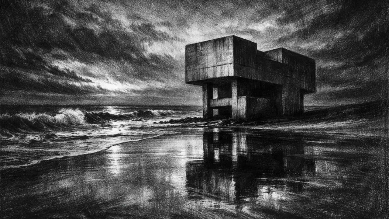 Prazni obalni krajolik s modernom arhitekturom, prikazan u charcoal film noir stilu, crno-bijelo s dubokim sjenama i melankoličnom, simboličnom atmosferom.
