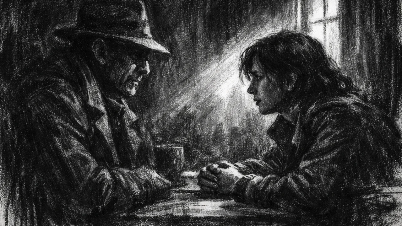 Intimna scena razgovora u charcoal film noir stilu, crno-bijela kompozicija s dvoje ljudi u polusjeni, naglašena emocija, povjerenje i tiha napetost.