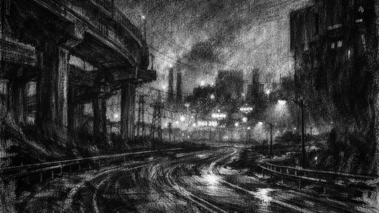 Atmosferski pejzaž u charcoal film noir stilu, crno-bijeli industrijski prostor s maglom, praznim cestama i dubokim sjenama koji simbolizira neizvjesnu budućnost.