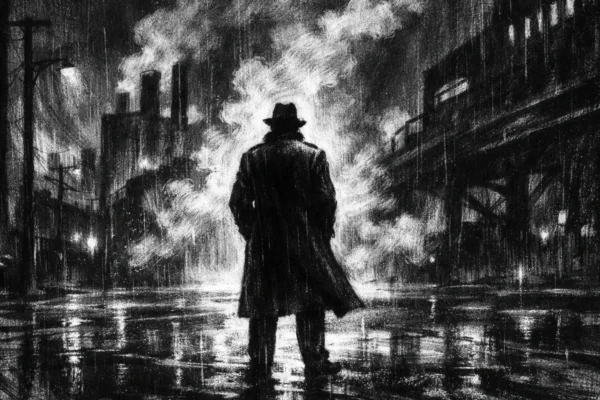 Filmski poster u charcoal film noir stilu, crno-bijeli prikaz usamljene figure u mračnoj urbanoj noći, snažni kontrasti i duboke sjene stvaraju osjećaj sudbine i melankolije.