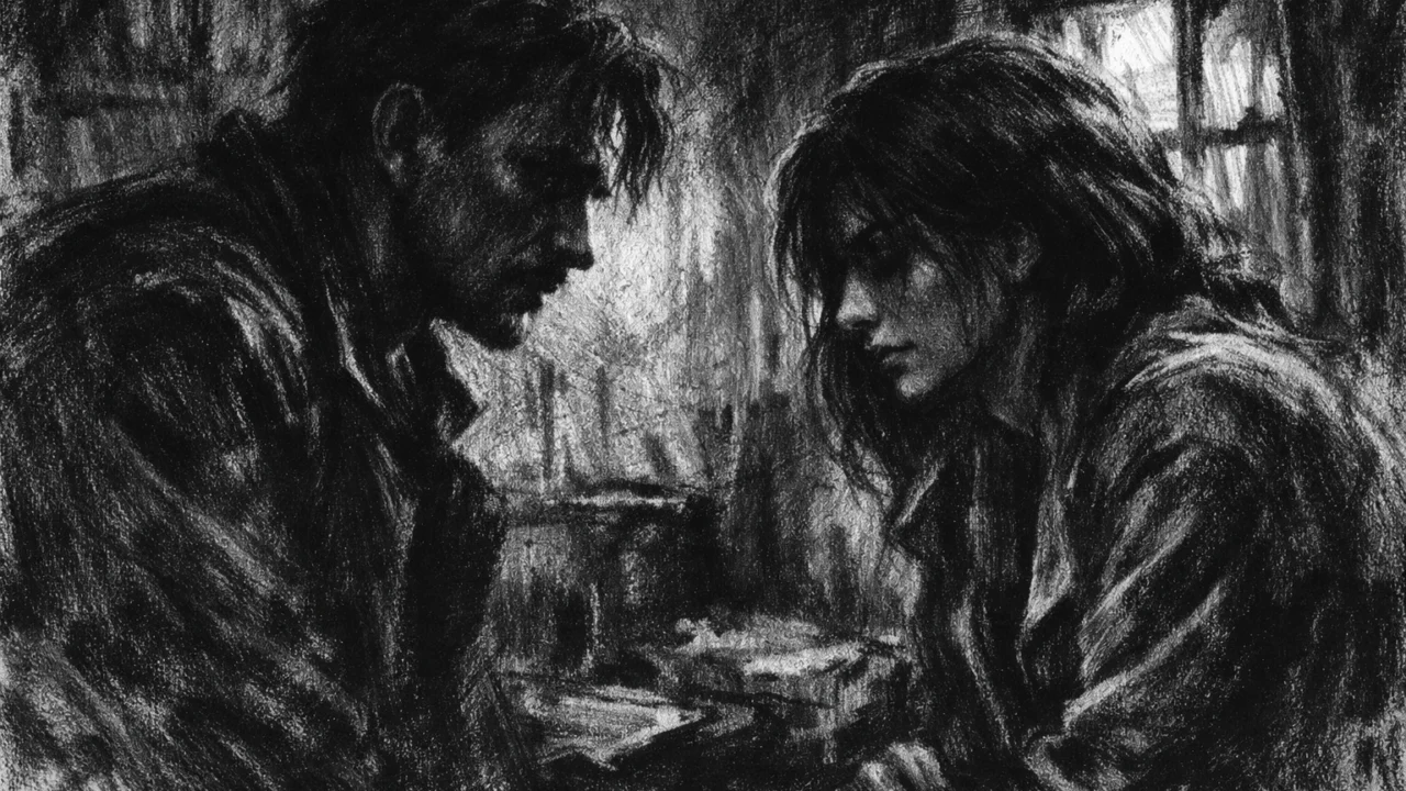 Dvoje ljudi u napetom razgovoru u mračnom prostoru, charcoal film noir stil, crno-bijela slika s dubokim sjenama i izraženim emocijama.