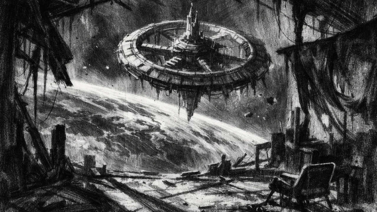 Napusteno orbitalno okruženje iznad oštećenog planeta u charcoal film noir stilu, crno-bijelo, snažan kontrast i melankolična, atmosferska tišina.