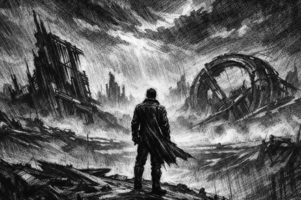 Usamljena figura na rubu napuštenog krajolika u charcoal film noir stilu, crno-bijelo, duboke sjene i snažna kontrastna rasvjeta, tmurna i sudbonosna atmosfera.