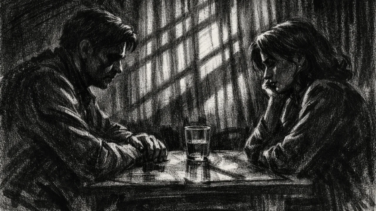 Dvoje ljudi u tihoj sobi, razgovor pun napetosti i nepovjerenja, izražen kontrast svjetla i sjene, charcoal film noir stil