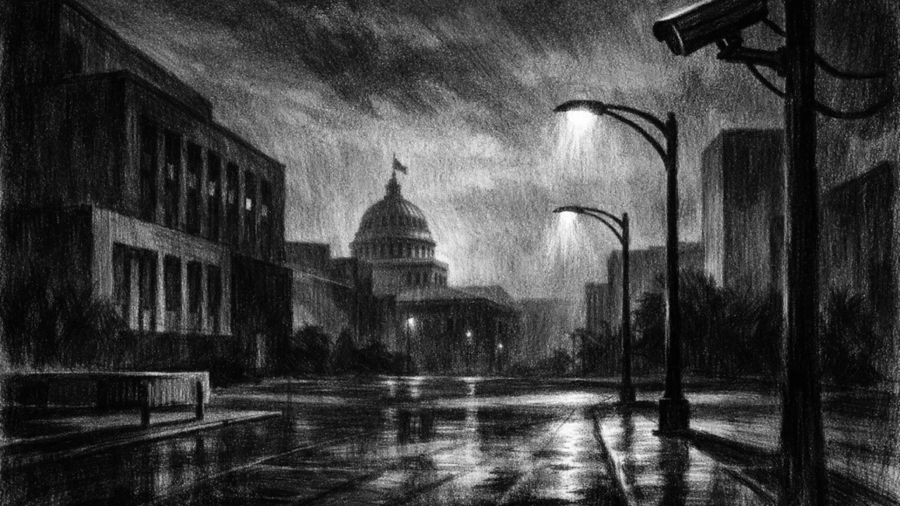 Prazan urbani pejzaž s monumentalnom arhitekturom i dugim sjenama, hladna i sumorna atmosfera, charcoal film noir stil