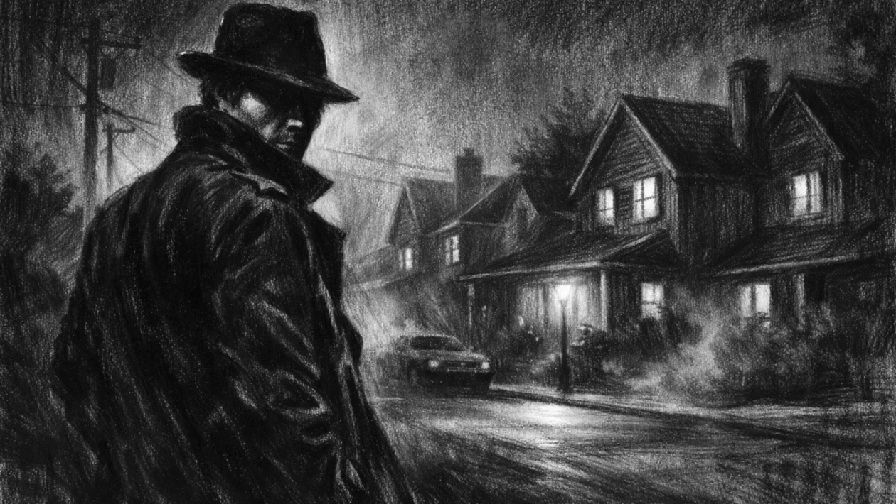 Kinematografski poster s usamljenom figurom u predgrađu noću, snažne sjene i napet ugođaj, charcoal film noir stil