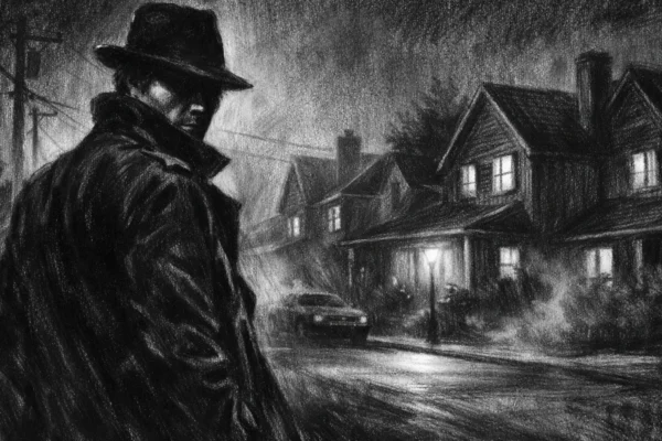 Kinematografski poster s usamljenom figurom u predgrađu noću, snažne sjene i napet ugođaj, charcoal film noir stil