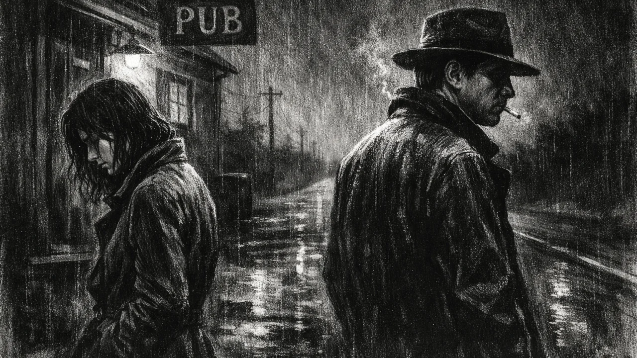 Dvoje ljudi u tihom sukobu ispred zgrade, atmosfera emocionalne udaljenosti, charcoal film noir stil.